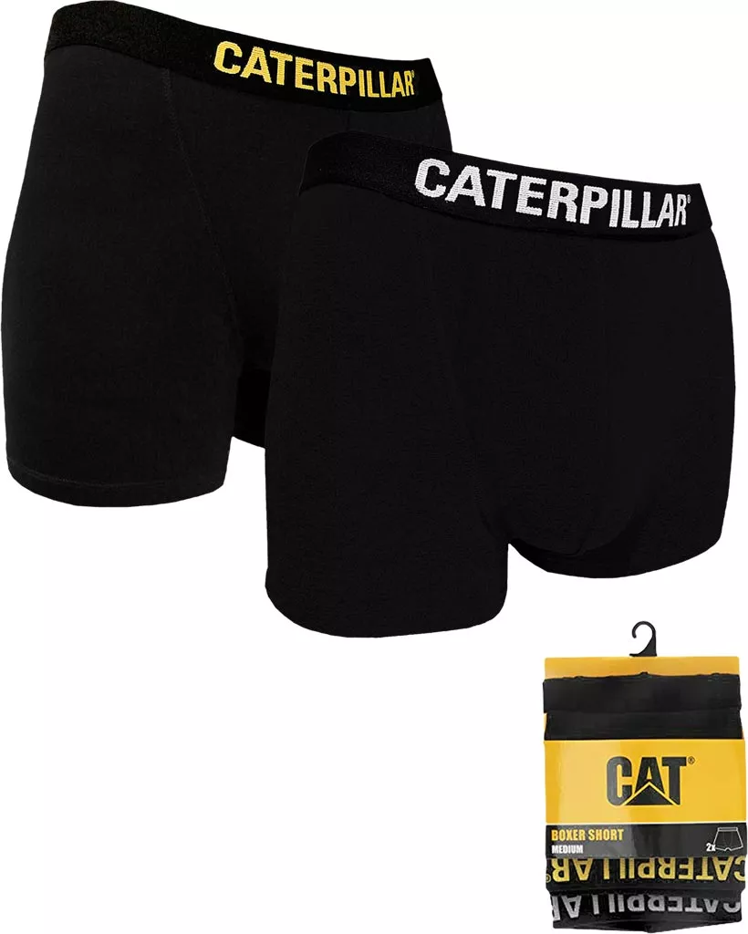 Zestaw dwóch czarnych męskich bokserek CATERPILLAR z elastycznym pasem w kolorze czarnym i żółtym, z napisem CATERPILLAR. Komfortowy, dopasowany krój. Opakowanie zawiera 2 sztuki.
