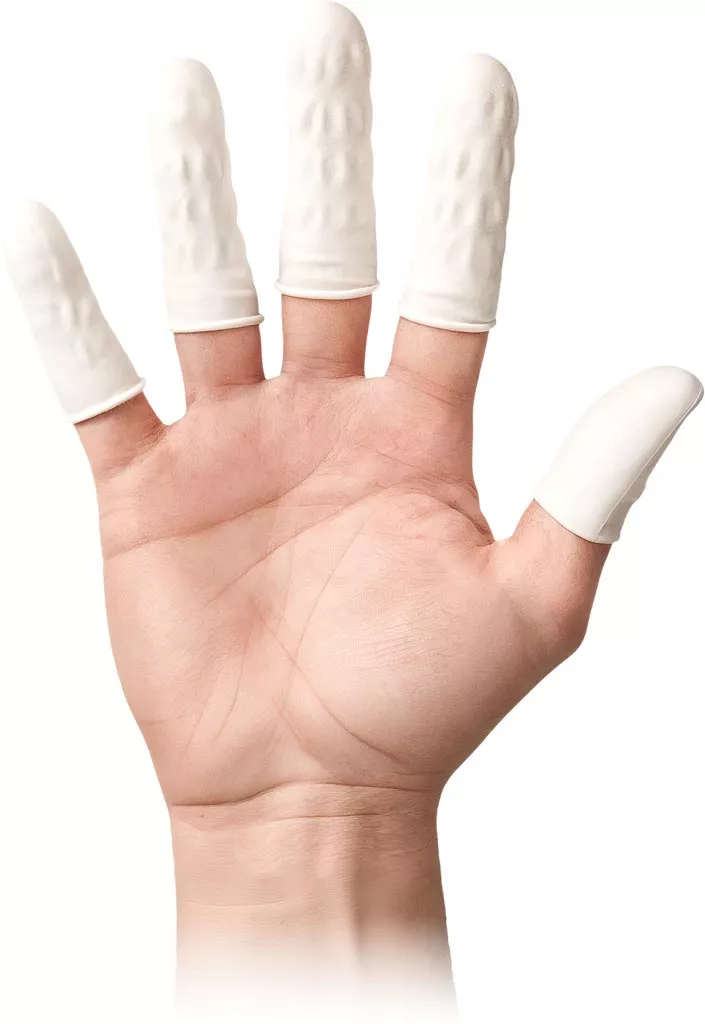 Lateksowe nakładki na palce kosmetyczne FINGER-LAT-AS, 100 sztuk. Chronią palce podczas zabiegów kosmetycznych, zapewniając higienę i precyzję.