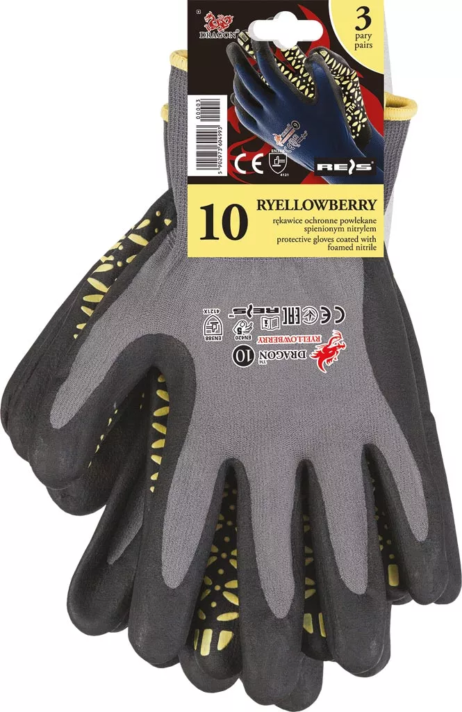 Rękawice ochronne YELLOWBERRY-S, rozmiar 10, z powłoką nitrylową foam na nakrapianej powierzchni, przeznaczone do prac manualnych. Zestaw zawiera 3 pary.