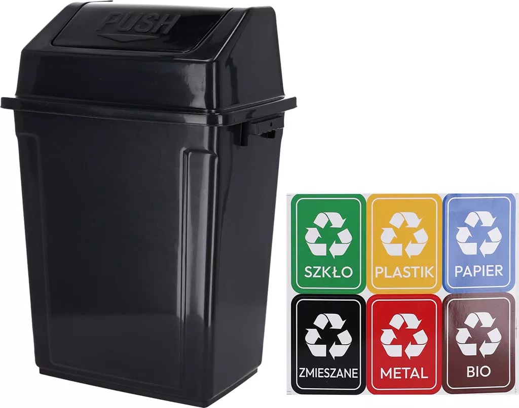 Kosz na śmieci BINPACK z pokrywą typu push, przeznaczony do segregacji odpadów. Dostępne oznaczenia: szkło, plastik, papier, zmieszane, metal, bio. Kolor czarny, pojemnik prostokątny.