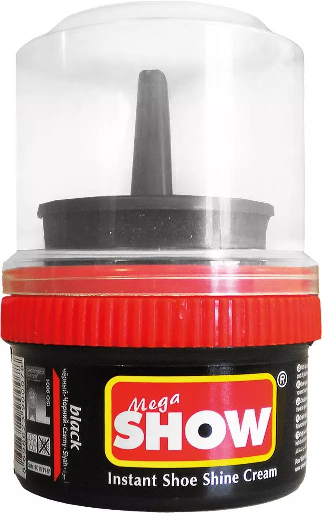 Pasta nabłyszczająca do butów w kremie Mega Show w kolorze czarnym, z wygodnym dozownikiem i aplikatorem, zapewnia szybkie i łatwe nabłyszczenie obuwia.