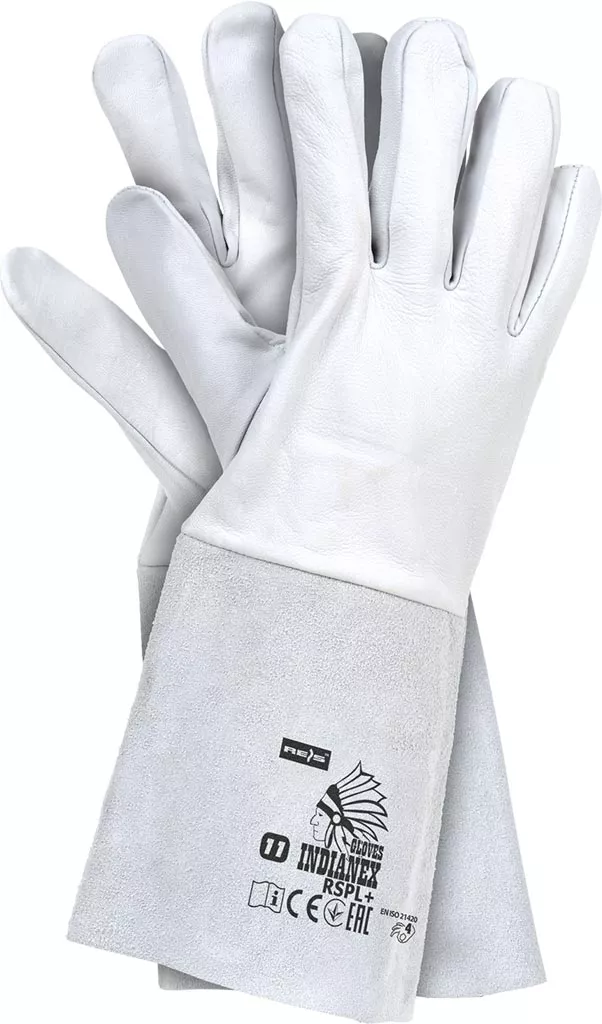 Długie, białe skórzane rękawice ochronne RSPL+ o długości 35 cm, zapewniające ochronę dłoni i nadgarstków. Produkt oznaczony certyfikatami bezpieczeństwa.