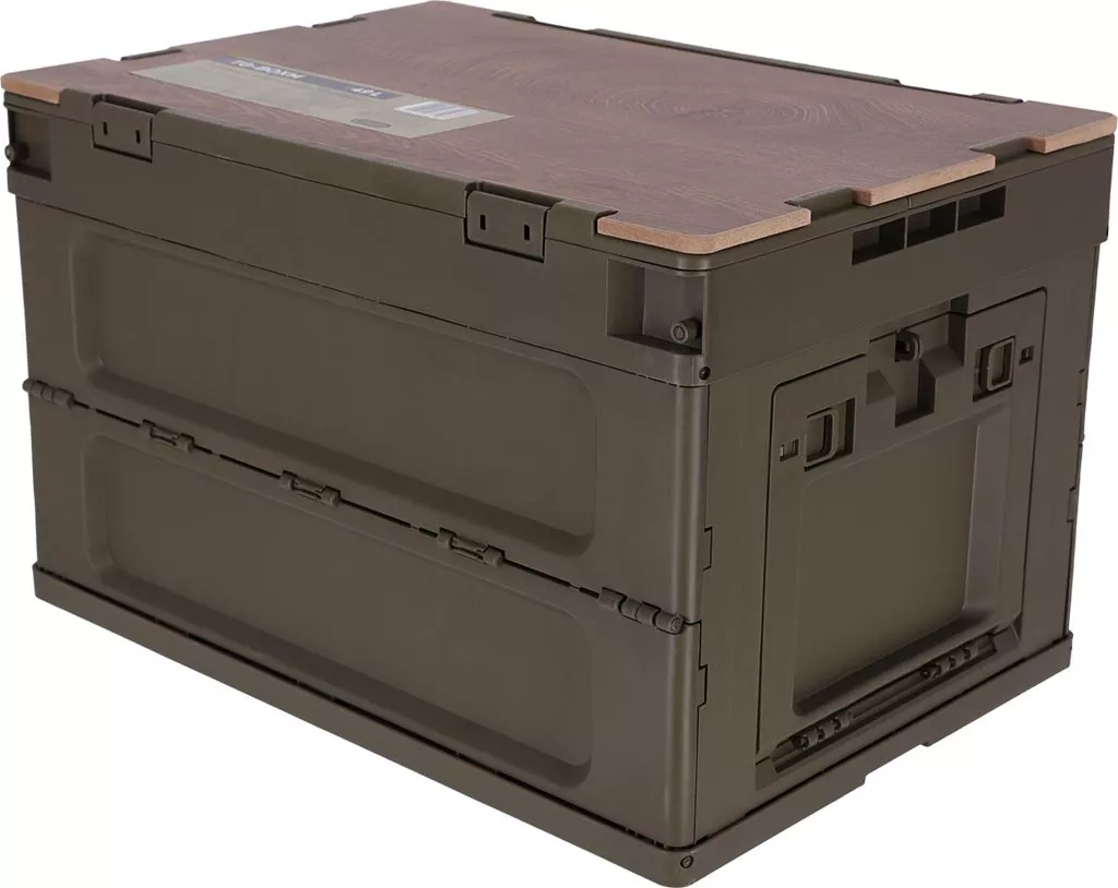 Składana skrzynia transportowa Tactical Guard BOX M o pojemności 49L, wyposażona w wytrzymały blat, ergonomiczne uchwyty i solidną konstrukcję, idealna do przechowywania i transportu.