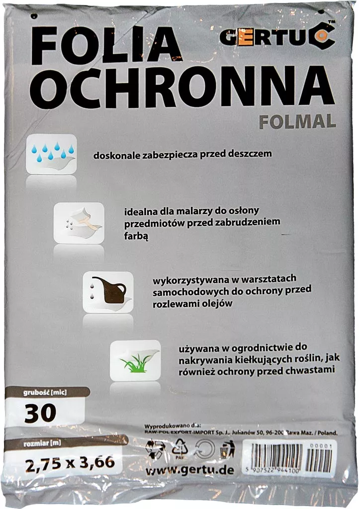 Opakowanie folii ochronnej marki Gertuc, o wymiarach 2,75 m x 3,66 m, zawiera 30 arkuszy. Produkt idealny do malowania i prac dekoracyjnych, zabezpiecza powierzchnie przed zabrudzeniami i farbą.