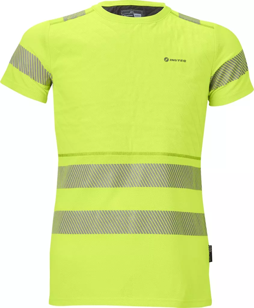 T-shirt męski w jaskrawożółtym kolorze, z krótkim rękawem i odblaskowymi pasami wokół tułowia oraz rękawów. Posiada logo na piersi.