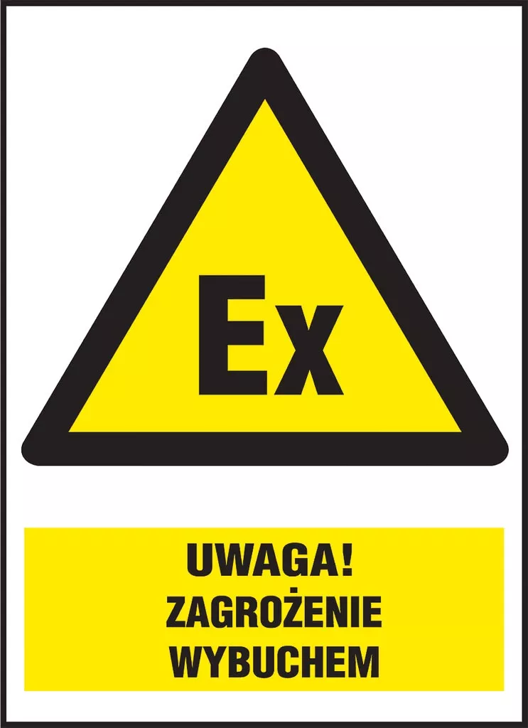 Znak ostrzegawczy w kształcie trójkąta z żółtym tłem i czarną obwódką. Na górze napis 