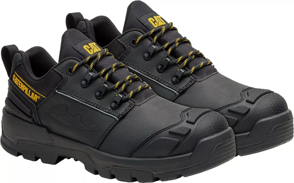 Buty robocze skórzane CAT STRIVER XL LOW, męskie, model S3 HRO. Czarne, niskie, z wzmocnieniami na palcach i pięcie, sznurowane, przeznaczone do pracy wymagającej ochrony stopy.