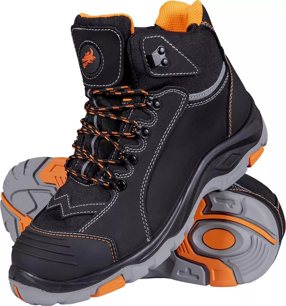 Buty robocze trzewiki WINSON S3 męskie, czarne z pomarańczowymi dodatkami, wyposażone w podnosek i wkładkę ochronną, antypoślizgowa podeszwa.