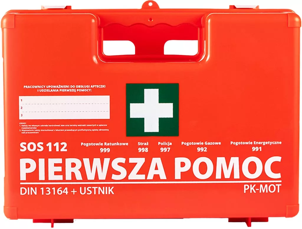 Czerwona apteczka pierwszej pomocy z białym krzyżem i napisem 