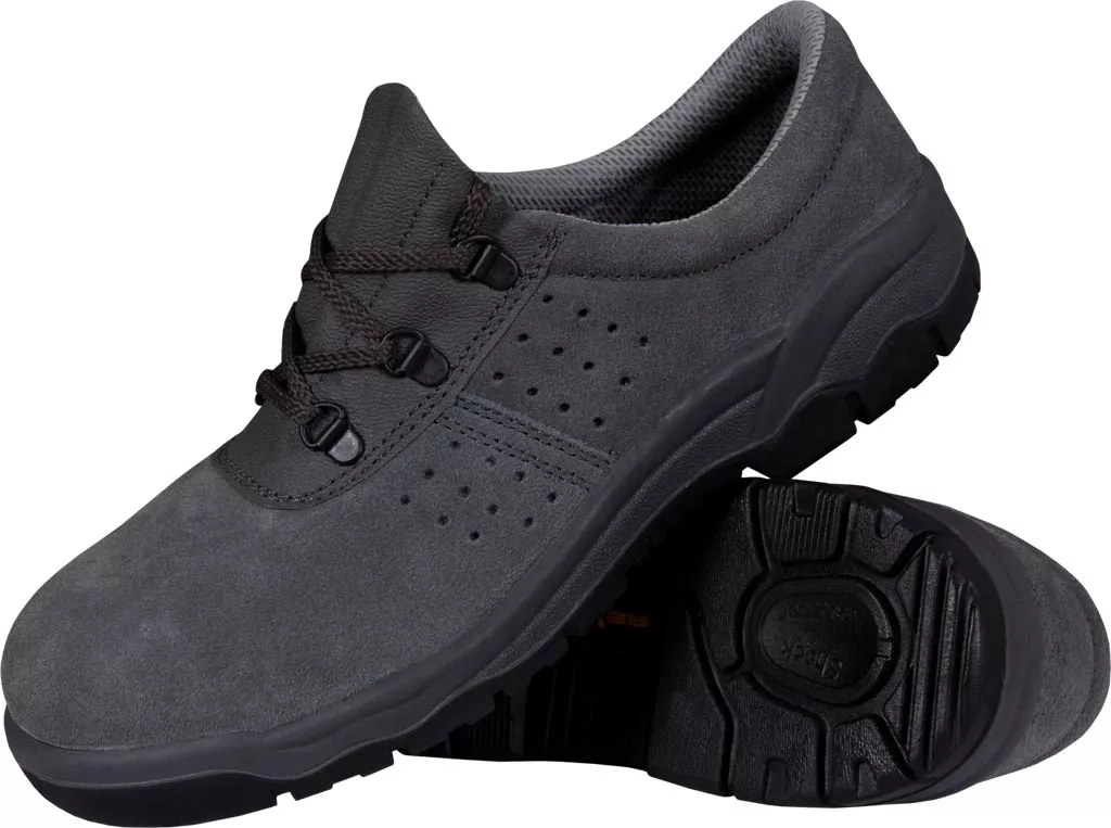 Buty robocze VELREIS S1, męskie, wykonane ze skóry welurowej, z podnoskiem ochronnym. Czarne, niskie, z perforacją po bokach i solidną, antypoślizgową podeszwą.