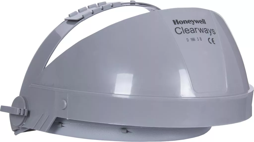 Szara osłona twarzy marki Honeywell, model Clearways, z zapięciem na boku.