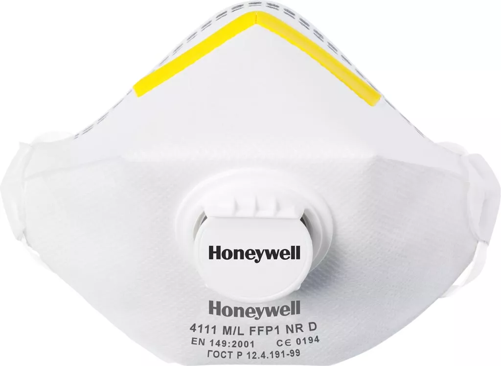 Biała półmaska przeciwpyłowa marki Honeywell z żółtymi elementami i środkowym zaworem. Model 4111 MIL FFP1 NR D, napisy i numeracja na froncie.