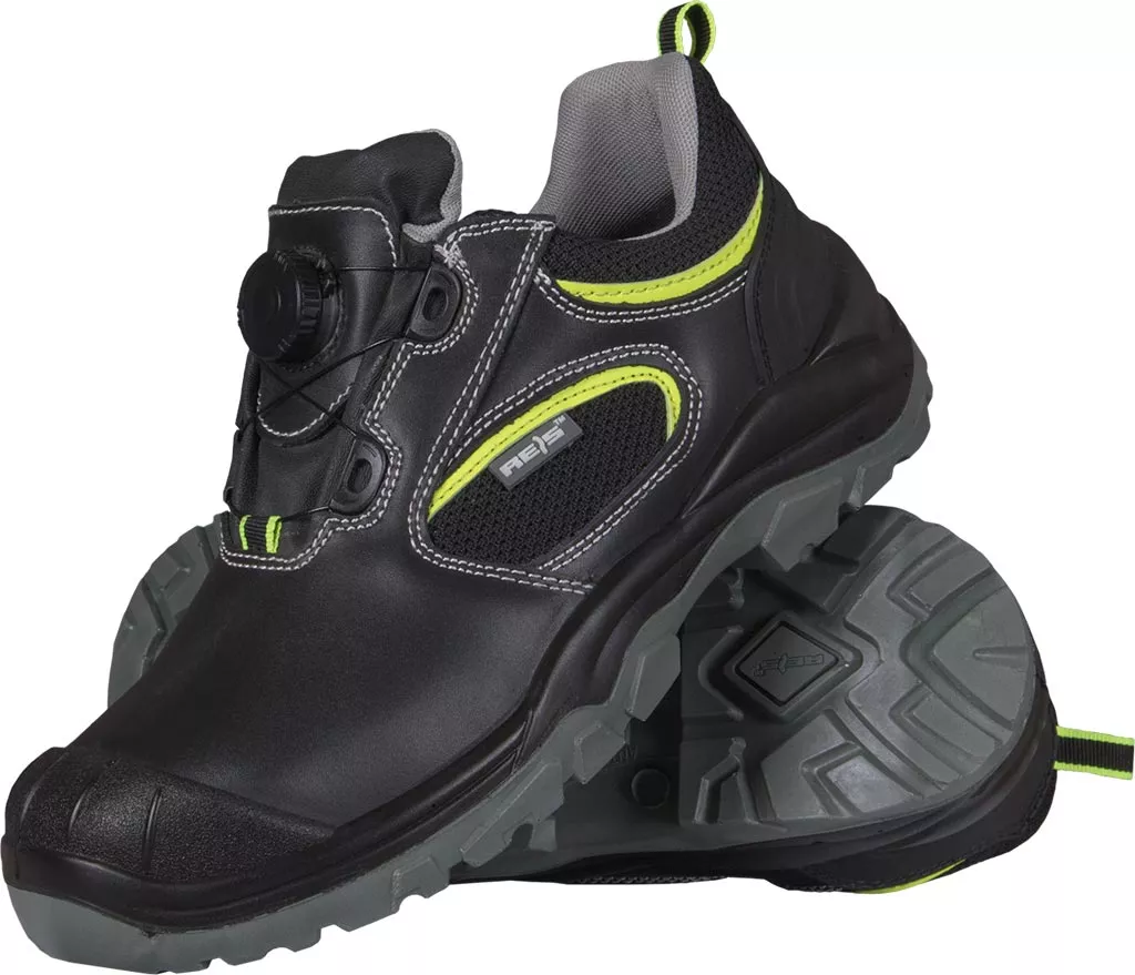 Buty robocze skórzane GRU S1 z podnoskiem i systemem wiązania. Model bezpieczny, z wytrzymałą podeszwą o wysokiej przyczepności. Czarne z elementami szaro-zielonymi, idealne do pracy wymagającej ochrony stóp.
