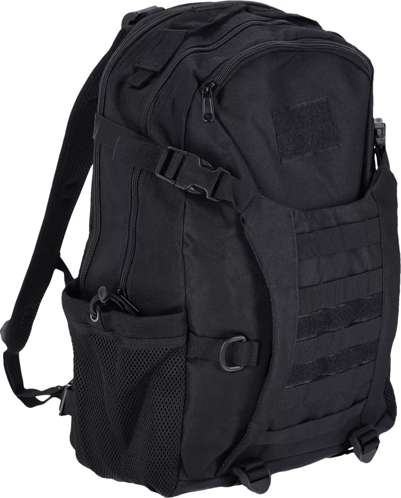Plecak taktyczny Tactical Guard PACKRUN, czarny, z wieloma kieszeniami, wzmocniony. Posiada paski MOLLE, siatkową boczną kieszeń i regulowane szelki. Solidny design do zastosowań outdoorowych.