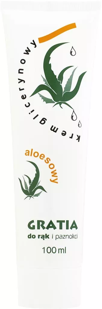 Opakowanie kremu do rąk i paznokci GRATIA, 100 ml. Produkt zawiera aloes, co jest wyróżnione na etykiecie grafiką roślinną i napisem 