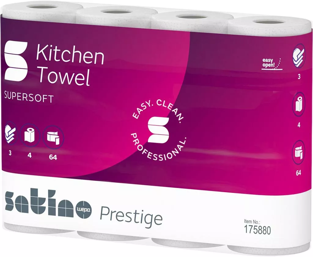 Opakowanie ręczników papierowych Clou Prestige zawiera 3 rolki. Produkt jest oznaczony jako 
