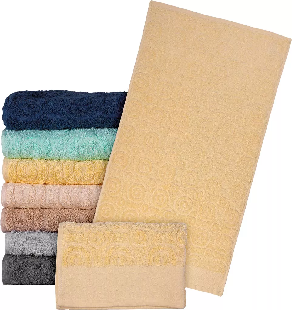 Ręcznik frotte bawełna 100% w kolorze żółtym, gruby, z delikatnym wzorem. Produkt wysokiej jakości, miękki i chłonny, dostępny także w innych kolorach.