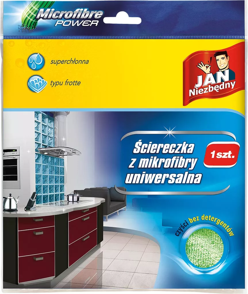 Opakowanie ścierki z mikrofibry przedstawia jej wykorzystanie w łazience. Ścierka jest opisana jako superchłonna i ma typ forte. Opakowanie zawiera grafikę zielonej ścierki oraz obraz łazienki.