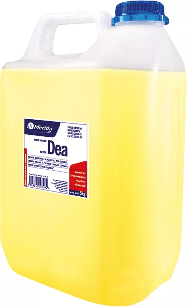 Mydło Merida Dea® w płynie, żółte, w dużym, przezroczystym plastikowym pojemniku o pojemności 5 litrów z białą etykietą i niebieską nakrętką.