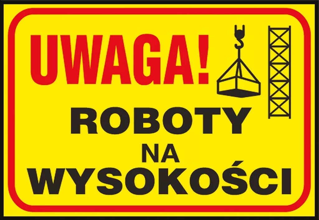 Tablica ostrzegawcza przedstawia żółte tło z czerwoną obwódką oraz czarny napis 