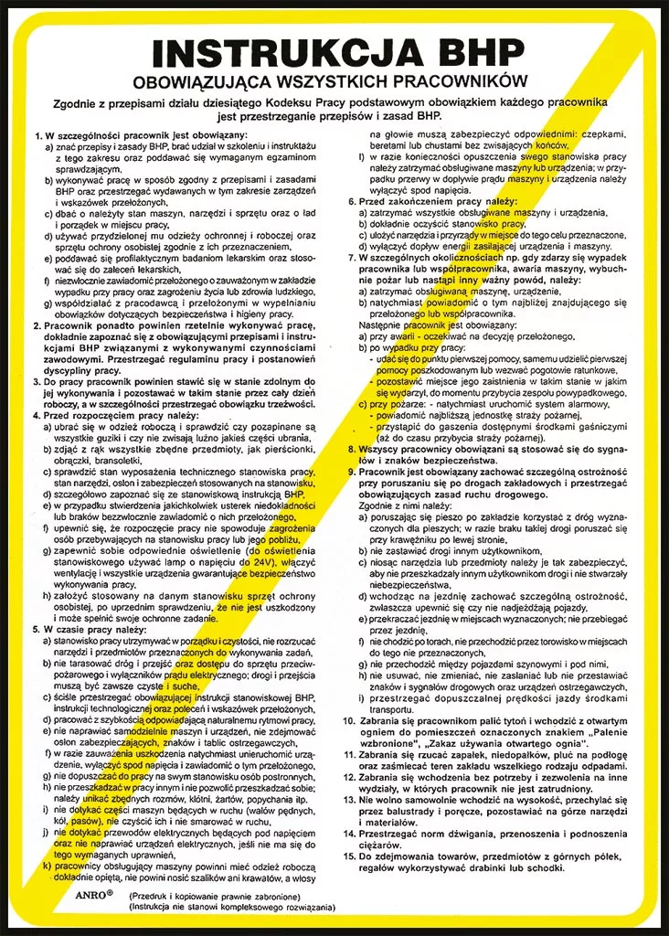 Plakat z instrukcją BHP w ramce o żółtym obramowaniu, zawiera szczegółowy tekst dotyczący zasad bezpieczeństwa pracy. Na górze znajduje się tytuł 