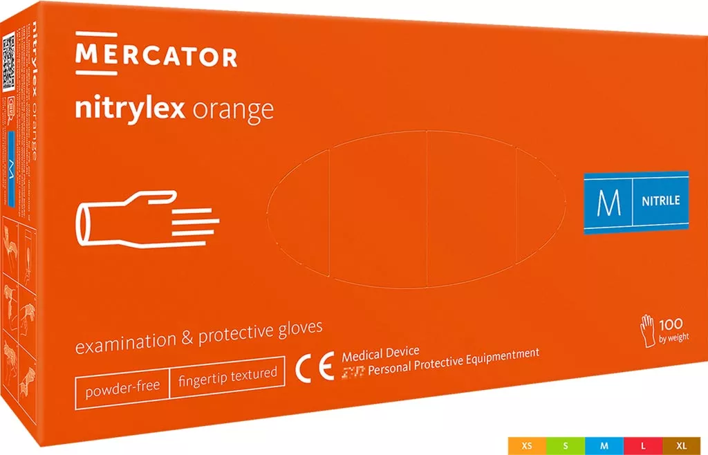 Rękawice nitrylowe diagnostyczne nitrylex orange, bezpudrowe, rozmiar M, 100 sztuk w opakowaniu. Kolor pomarańczowy. Przeznaczone do badań i ochrony.