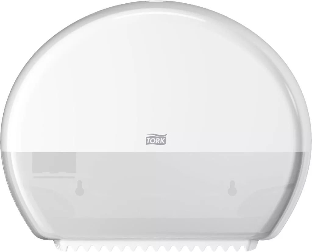 Dozownik TORK Smartone Elevation do centralnie dozowanego papieru toaletowego, o okrągłym, półprzezroczystym białym designie, umożliwiający kontrolę ilości zużywanego papieru.