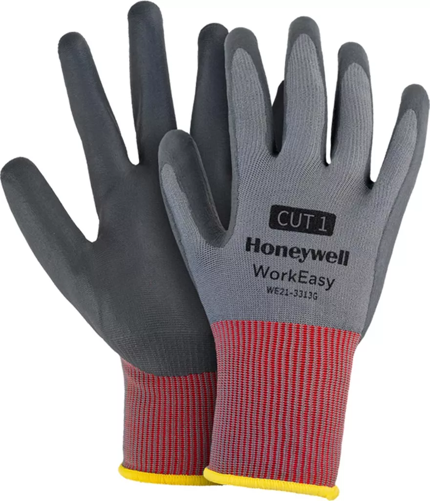 Rękawice ochronne Honeywell WorkEasy 3313G, model CUT 1, z czerwono-żółtym mankietem i szarą powłoką na dłoniach.