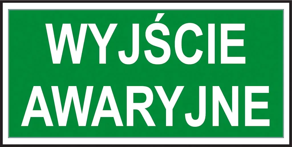 Znak ewakuacyjny „Wyjście awaryjne” o prostokątnym kształcie, z białymi napisami na zielonym tle.