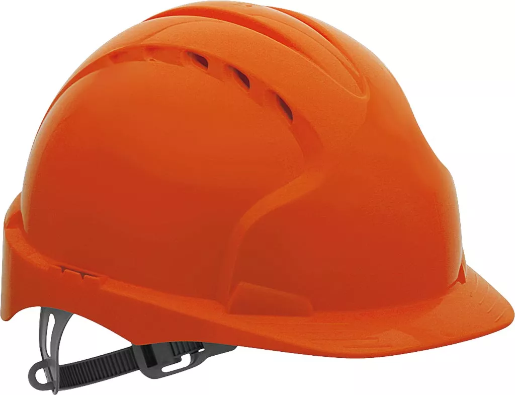 Pomarańczowy hełm ochronny EVO2 z tworzywa HDPE, posiadający regulowany system zapięcia i kilka otworów wentylacyjnych.