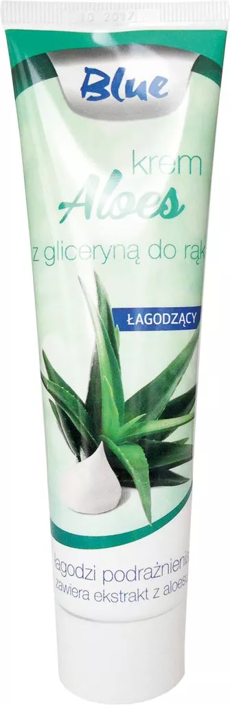 Krem do rąk Blue z ekstraktem z aloesu, przeznaczony do codziennej pielęgnacji skóry. Opakowanie w formie tubki z grafiką liści aloesu.