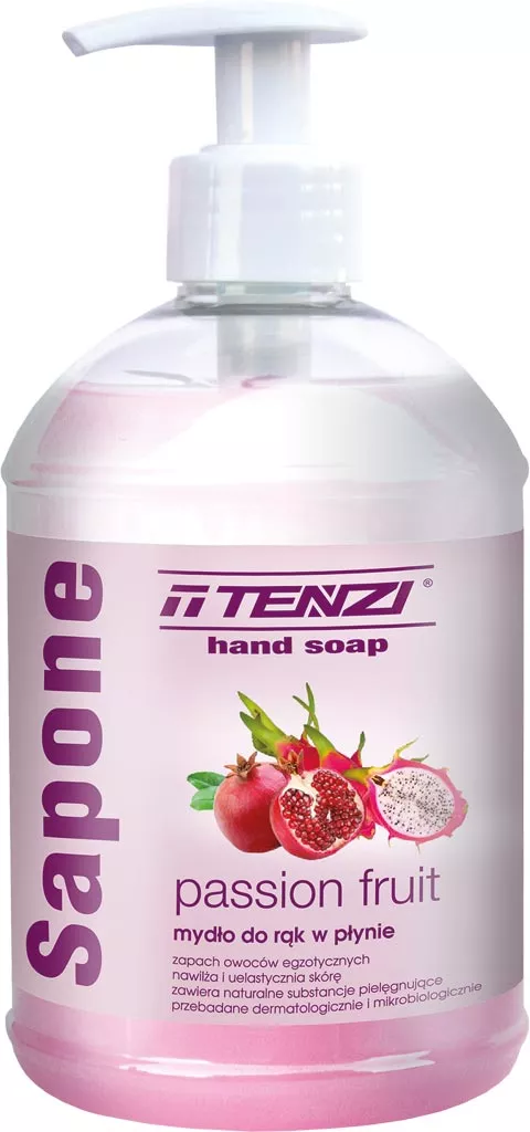 Różowa butelka z mydłem w płynie Sapone marki Tenzi o zapachu marakui, przeznaczona do mycia rąk. Produkt posiada pompkę ułatwiającą dozowanie.