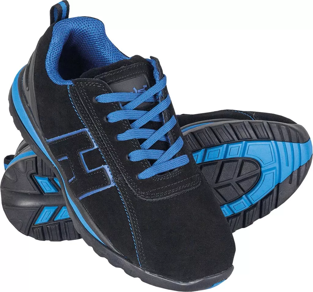Buty robocze skórzane CHILE S1P z podnoskiem, czarno-niebieskie, z trwałą podeszwą antypoślizgową. Model bezpieczny, przeznaczony do pracy wymagającej ochrony stóp.