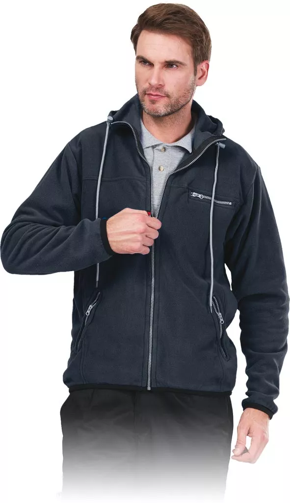 Męski granatowy polar z kapturem i kieszeniami na zamek, zapinany na pełny zamek błyskawiczny, model HOOD. Bluza ochronna o casualowym kroju.