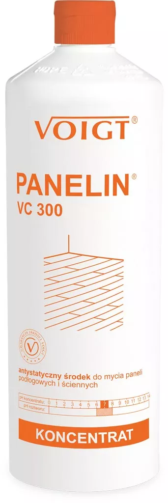 Butelka środka do mycia paneli Voigt Panelin VC 300. Jest to koncentrat w białej butelce z pomarańczowymi i szarymi detalami, opisującymi jego zastosowanie antystatyczne. Na etykiecie znajduje się również grafika przedstawiająca panele.