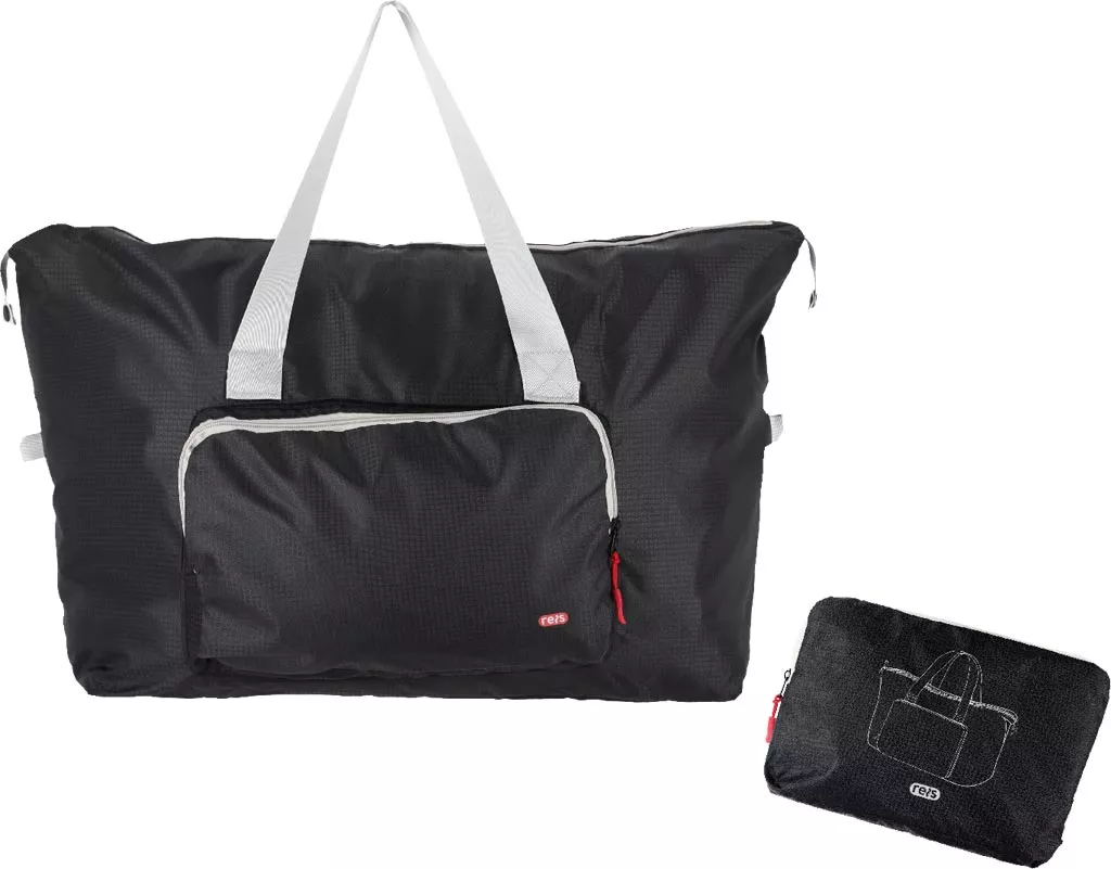 Torba podróżna składana BAG o pojemności 16 litrów, zewnętrzna kieszeń zapinana na zamek, wykonana z czarnego materiału, z jasnymi uchwytami. Po złożeniu zajmuje niewiele miejsca.
