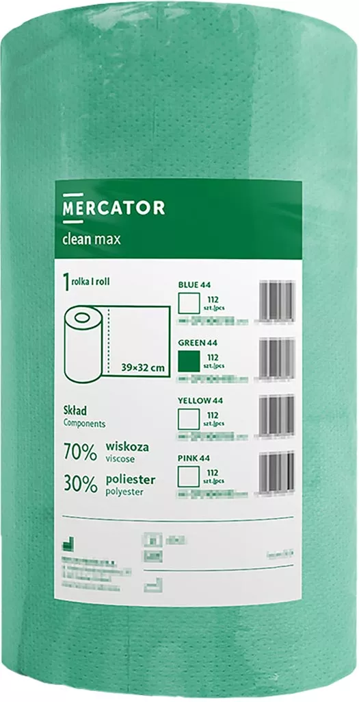 Produkt to zielony, jednowarstwowy ręcznik papierowy marki Mercator, model Clean Max. Rolka zawiera 500 listków o wymiarach 205 mm x 275 mm każdy. Papier jest wykonany w 70% z makulatury i 30% z celulozy.