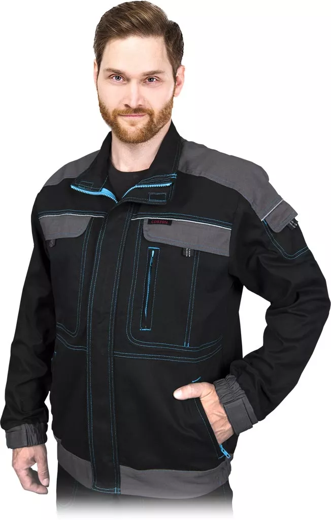 Czarna męska bluza robocza katana CORTON z 100% bawełny, wyposażona w liczne kieszenie na piersi i bokach, z szarymi wstawkami na ramionach i rękawach. Zapinana na zamek i rzepy.