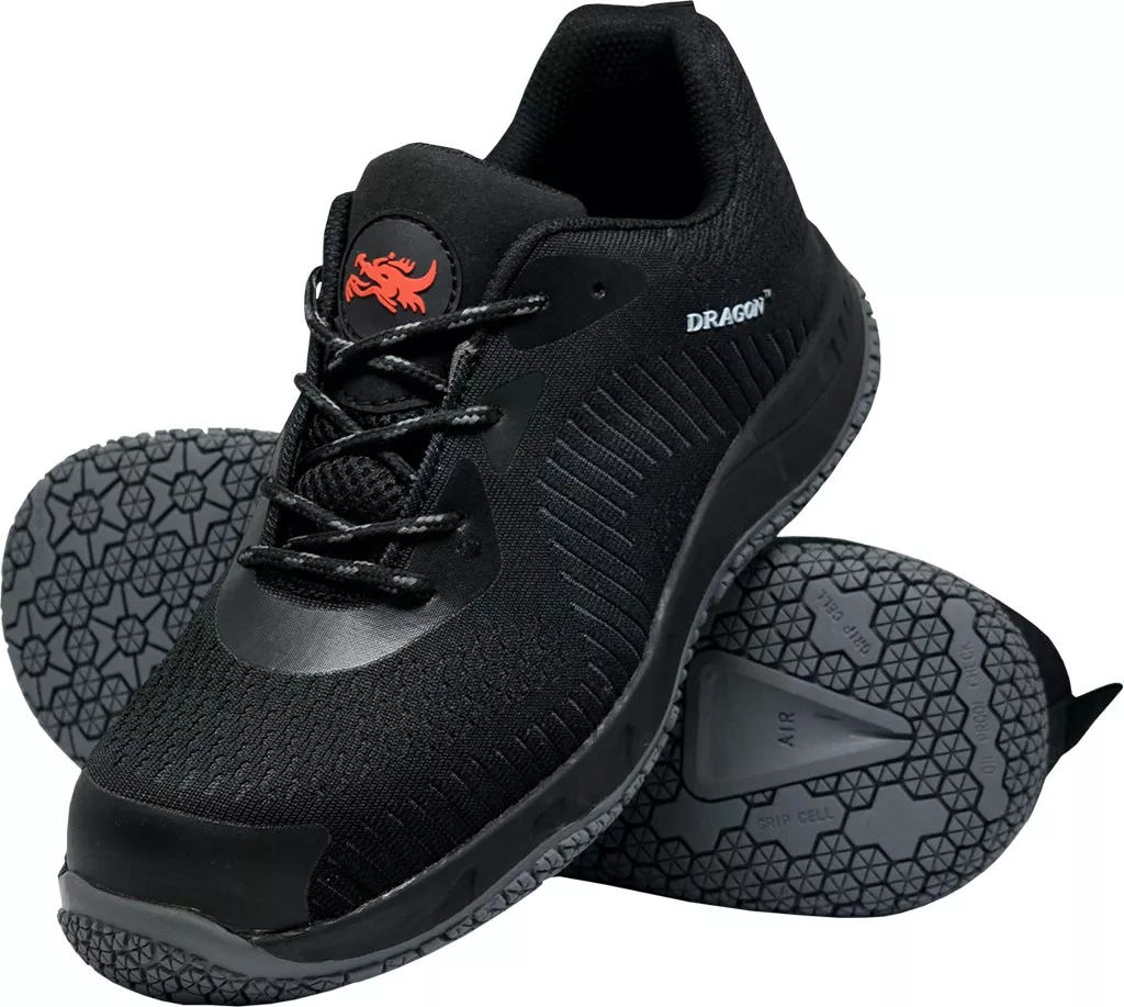 Czarne męskie buty robocze CAMP S1P z sznurowaniem, wzmocnionym noskiem oraz antypoślizgową podeszwą o siatkowym wzorze. Model DIAGONAL zapewnia ochronę i wygodę podczas pracy.