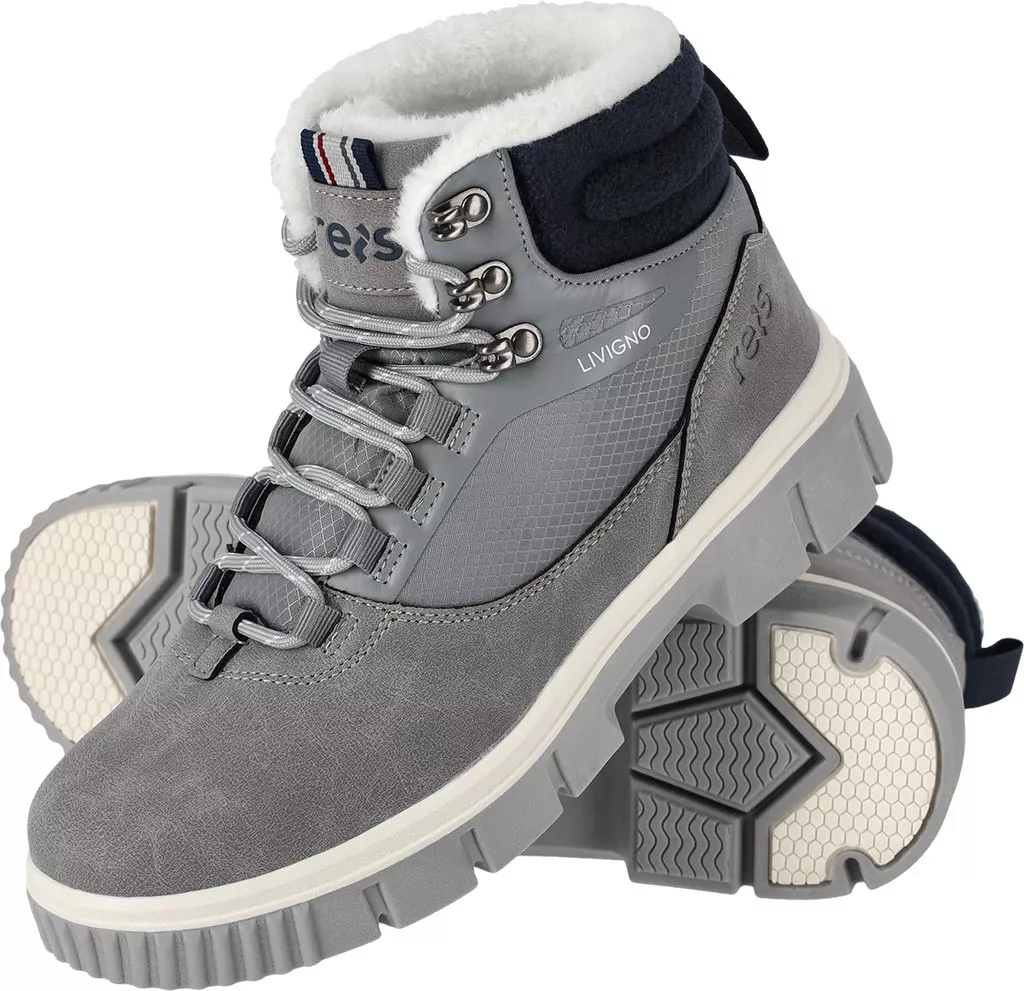 Damskie zimowe buty trzewiki trapery LIVIGNO w kolorze szarym z wysoką, ocieplaną cholewką, solidną podeszwą i metalowymi oczkami do sznurowadeł. Model zapewnia komfort i ochronę w chłodne dni.