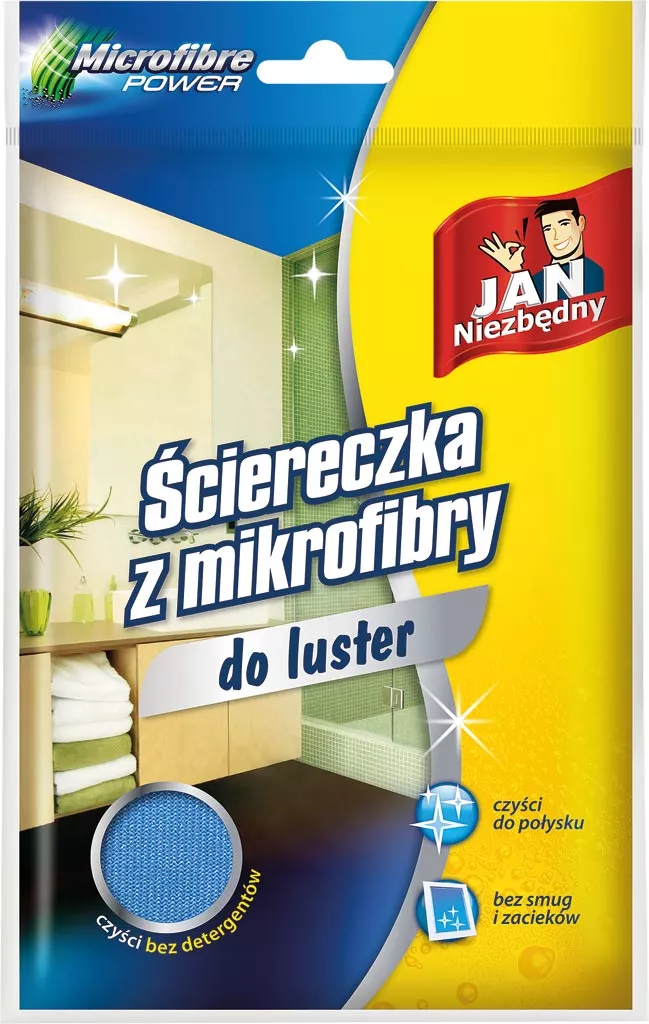 Opakowanie ścierki z mikrofibry do luster. Na opakowaniu napis 
