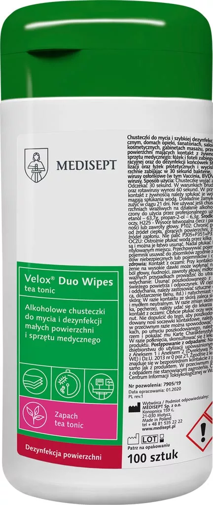 Velox Duo Wipes to alkoholowe chusteczki do mycia i dezynfekcji powierzchni, zapakowane w puszkę. Produkt zawiera 100 sztuk chusteczek, przeznaczony do szybkiej dezynfekcji różnych powierzchni.