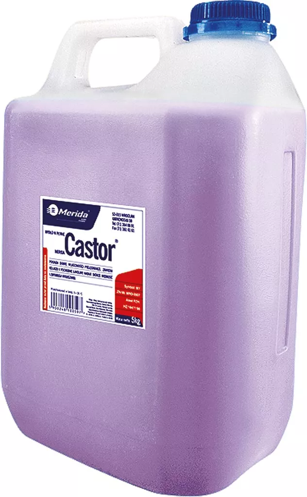 Duży, plastikowy pojemnik mydła w płynie MERIDA Castor® w kolorze fioletowym o pojemności 5 litrów. Na etykiecie znajduje się logo Merida oraz informacja o produkcie.
