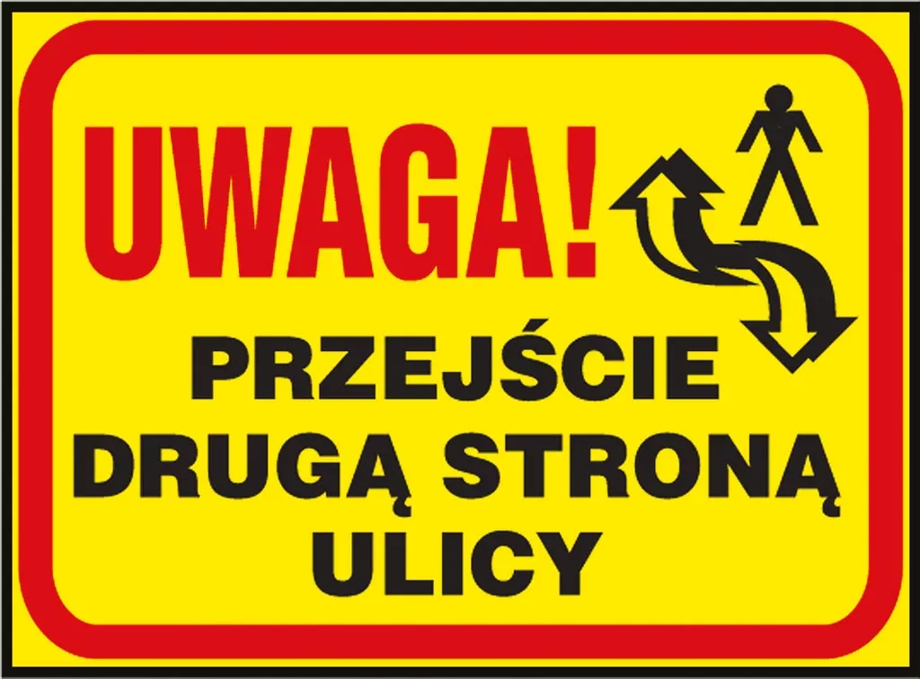 Żółta tablica ostrzegawcza z czarnymi i białymi napisami i symbolami. Główny napis 
