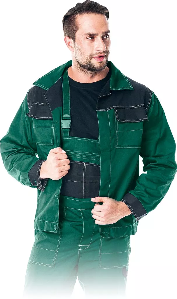 Zielona bluza robocza ochronna Multi Master, męska, z czarnymi wzmocnieniami na ramionach i kieszeniach, zapinana na zamek, wykonana z trwałego materiału.