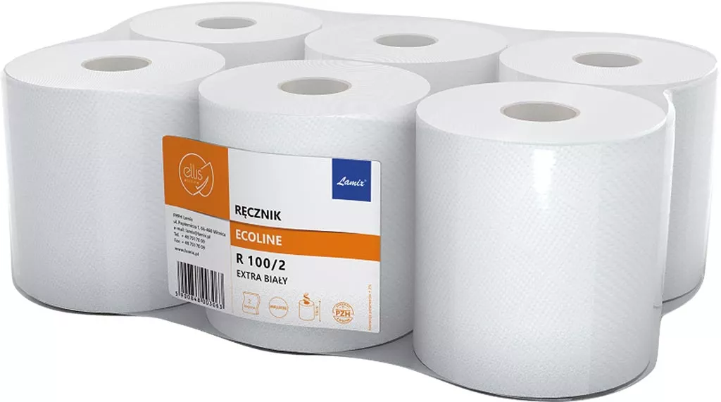 Sześć białych rolek ręczników papierowych, każda rola z dużym otworem w środku, zapakowane razem. Na opakowaniu etykieta z nazwą i kodem produktu.