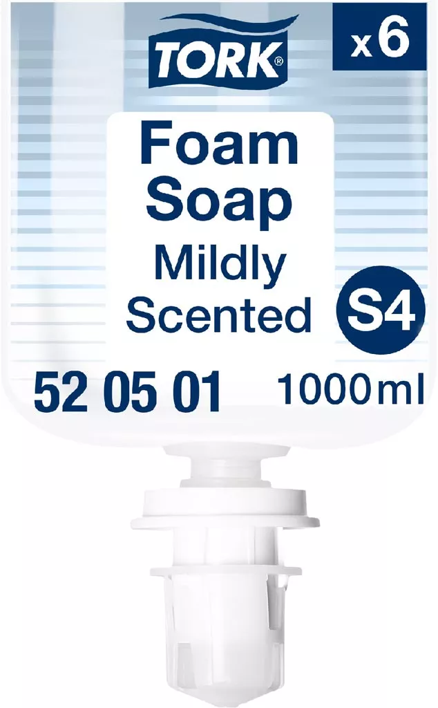 Mydło w pianie Tork Foam Soap, lekko perfumowane, 1000 ml, opakowanie 6 sztuk, system S4. Produkt premium, o łagodnym zapachu.