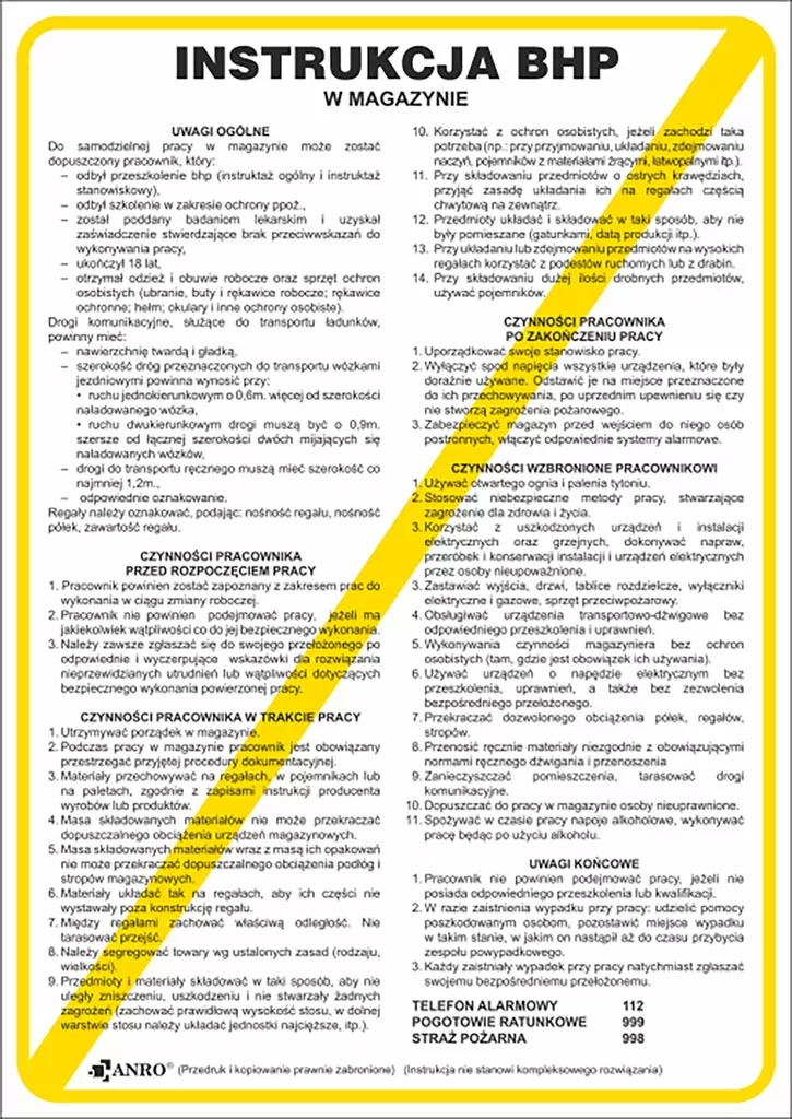 Znak przedstawia instrukcję BHP dla magazynu, zawierającą zasady bezpieczeństwa, warunki magazynowania, środki ochrony indywidualnej, wymogi porządkowe oraz postępowanie w razie wypadku. Tekst jest w języku polskim.