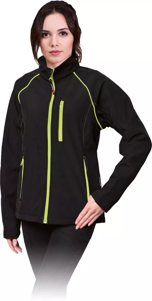 Damska kurtka softshell SHELLADY, elastyczna, z membraną oddychającą. Model ochronny w kolorze czarnym z zielonymi zamkami i przeszyciami. Zapinana na zamek błyskawiczny, kieszeń na piersi.