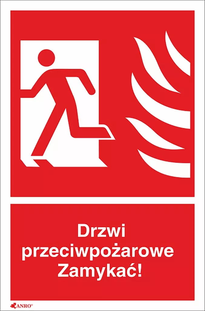 Czerwony znak przeciwpożarowy z piktogramem osoby wychodzącej przez drzwi na tle ognia. Pod obrazkiem napis: „Drzwi przeciwpożarowe Zamykać!”